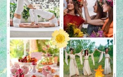 Women gathered in a garden during a summer solstice ritual with flowers, candles and a peaceful spiritual atmosphere.