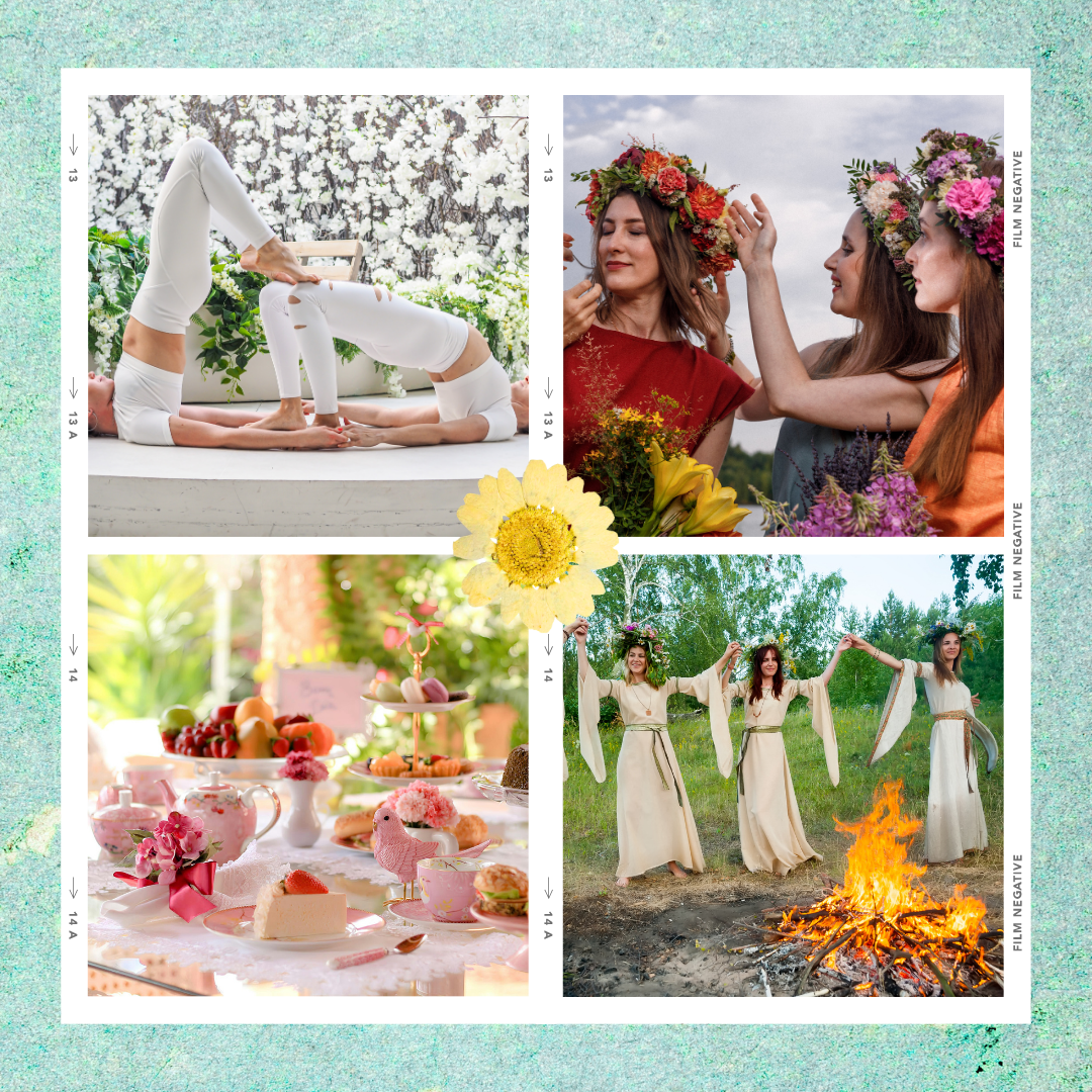 Women gathered in a garden during a summer solstice ritual with flowers, candles and a peaceful spiritual atmosphere.