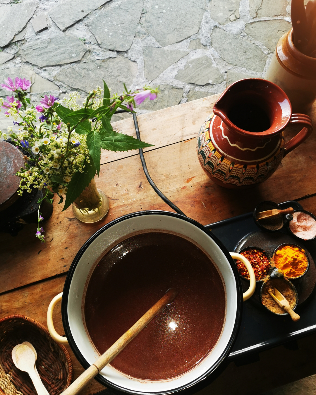 Cacao ceremony with group gathered around fire in nature