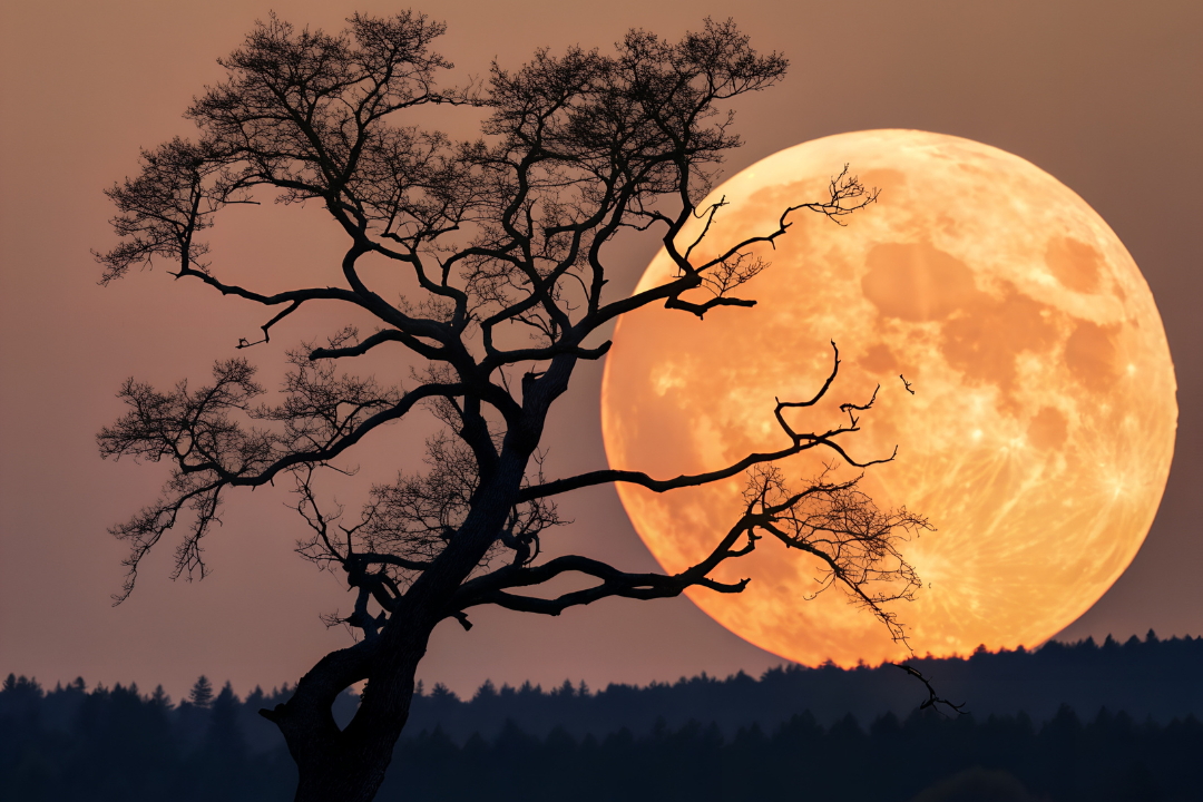 A luminous full moon casting light over the silhouette of a tree, creating a calm and mystical atmosphere, symbolising reflection, cycles, and sacred ritual space.