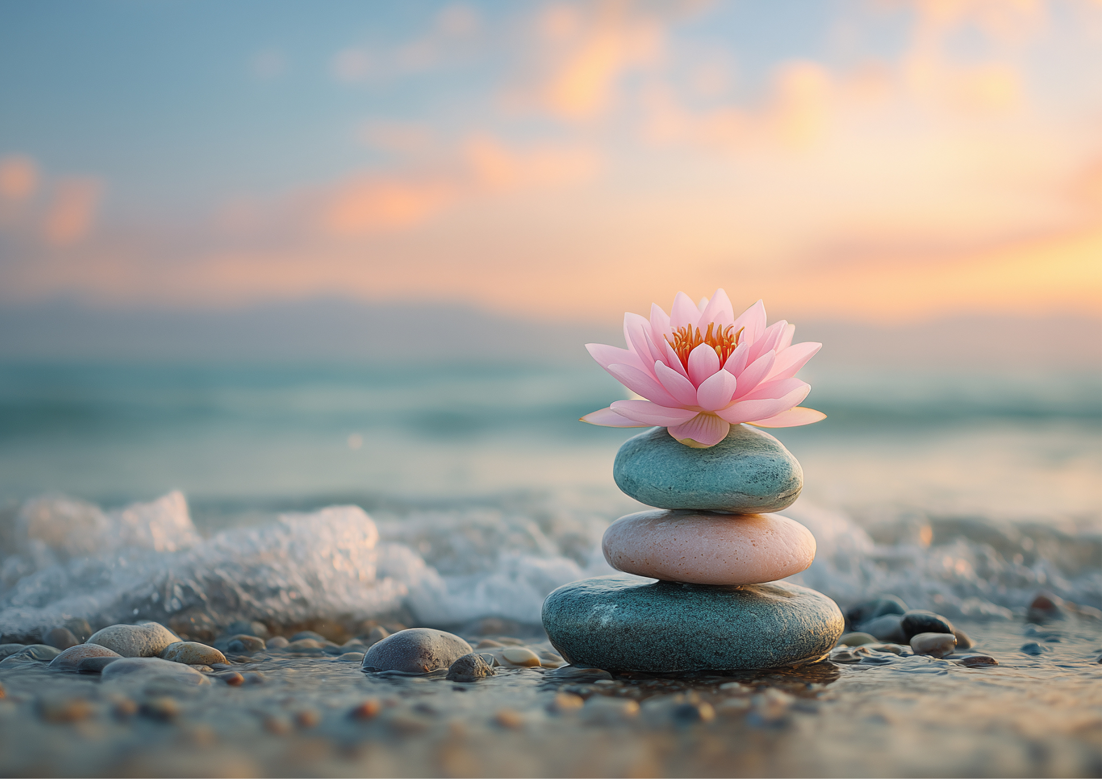 A lotus flower resting on stacked meditation stones against a pink sunset sky, symbolising peace, balance, and inner stillness.