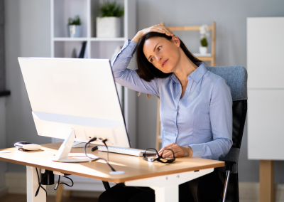 A woman at a desk stretching her neck